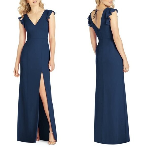 NEW After Six Size 2 R Midnight Blue V-Neck Ruffle Bridesmaid Evening Dress Gown